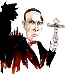 Mikhail Bulgakov, Russian writer and playwright; caricatured in the shadow of dictator Joseph Stalin, with a crucifix in reference to Bulgakov